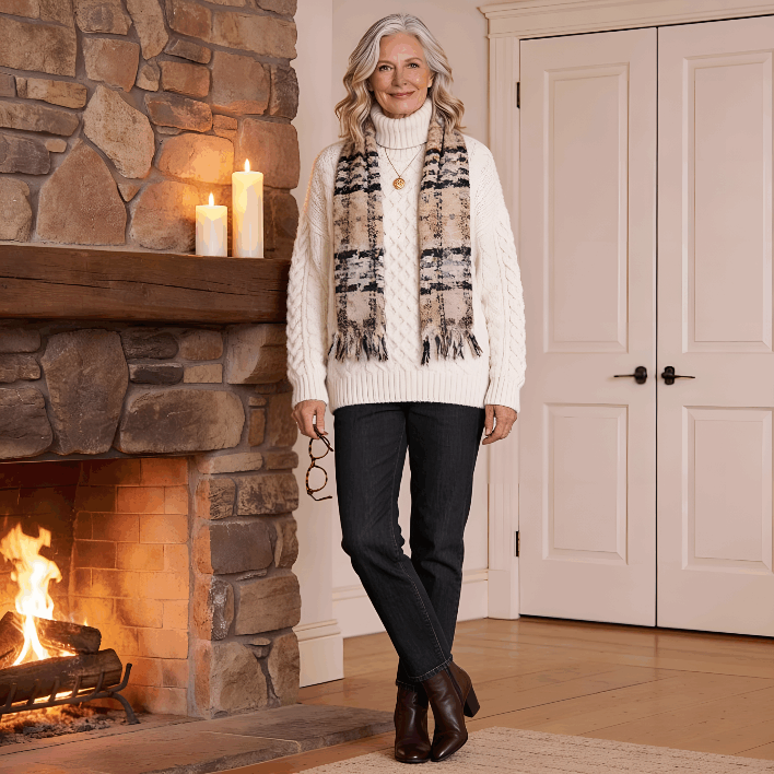 An older woman wearing a Veronz scarf for women.