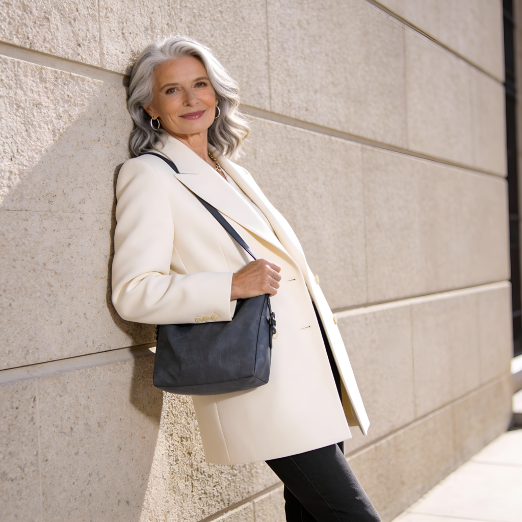 A woman over 60 wearing a neutral outfit with a soft leather shoulder bag