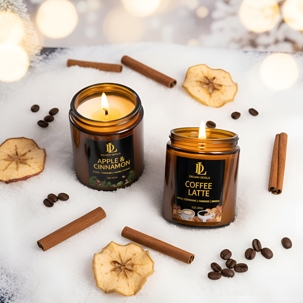 Scented candles with cinnamon sticks and dried fruit create a cozy setting.