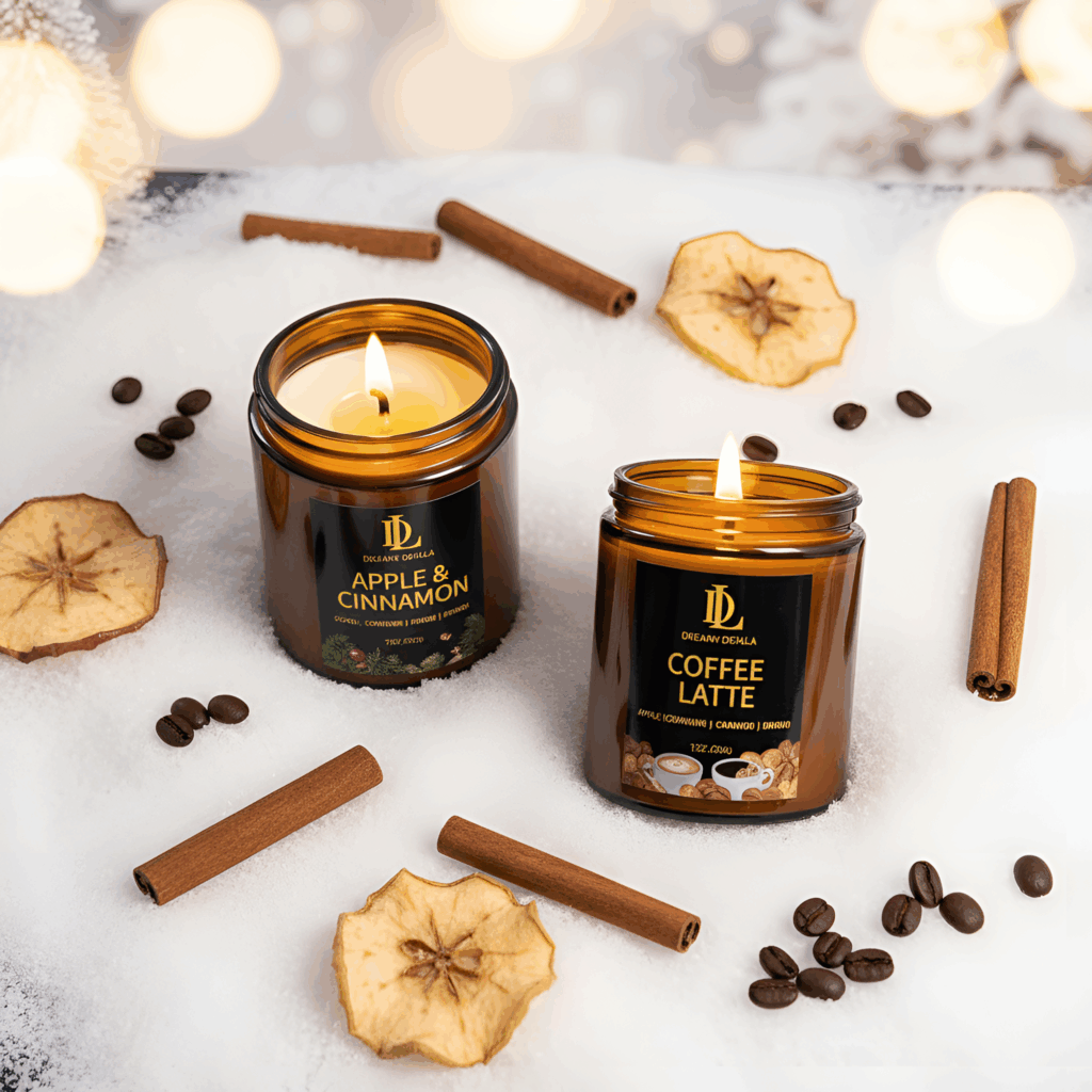 Holiday candle gifts for women featuring scented candles arranged with cinnamon sticks and dried fruit slices