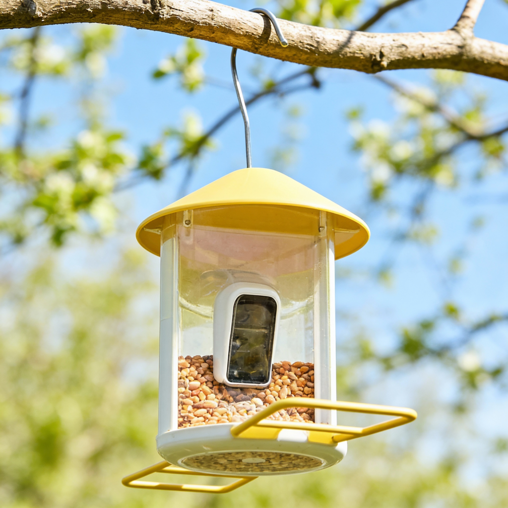 Hanging bird feeder filled with seed in a garden, creating a thoughtful gift for nature lovers
