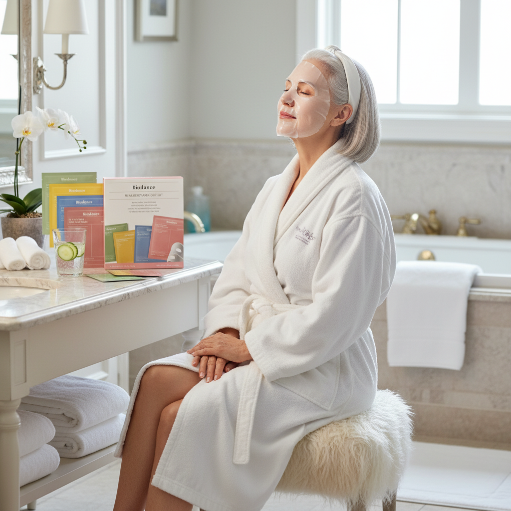 Mature woman enjoying a relaxing morning self-care routine with wellness products in a bright bathroom