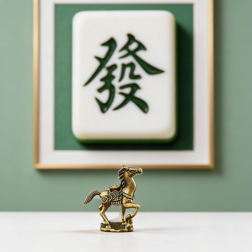 Decorative brass horse figurine displayed beside Mahjong-themed décor for a game room or playing table