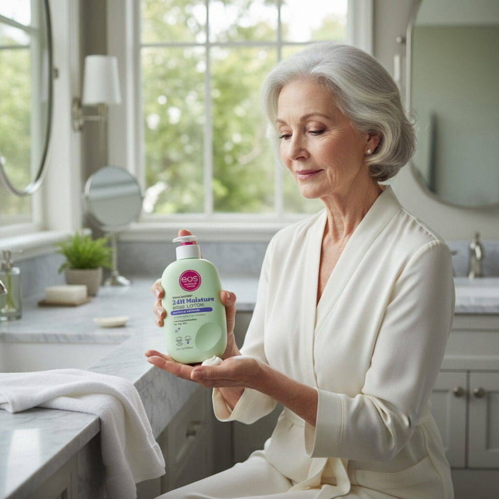 a woman using EOS shea butter lotion