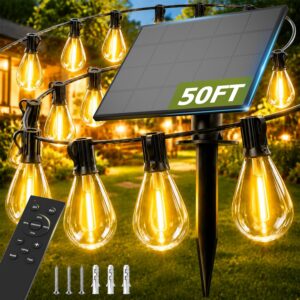 plosim Solar String Lights Outdoor, Dimmable Patio Lights Solar Powered with Remote & USB Port 18+1 LED Shatterproof Bulbs 3 Light Modes, Waterproof Solar Light for Camping Backyard Garden
